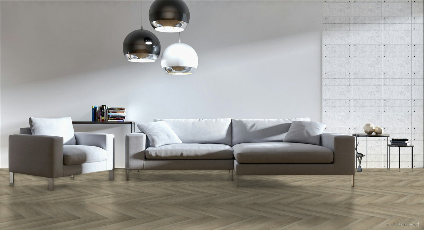 Visgraat XL 57747PVC vloer in naturel eiken grijs met voelbare houtnerf in woonkamer